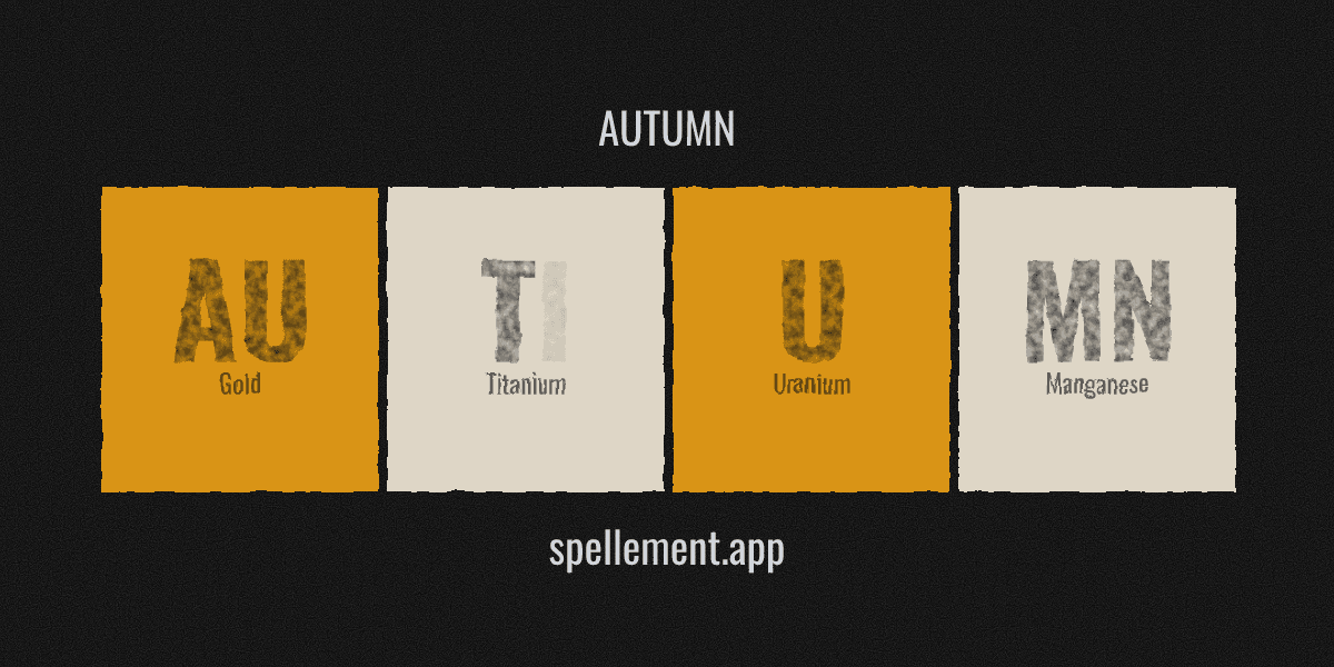 AUTUMN spelled with periodic table element symbols Au-Ti-U-Mn, grunge style — made with the Spellement element speller