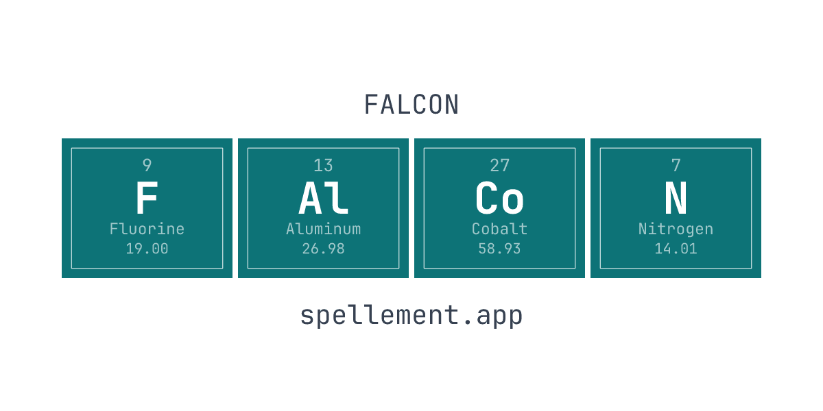FALCON spelled with periodic table element symbols F-Al-Co-N, poster inverse style — made with the Spellement element speller
